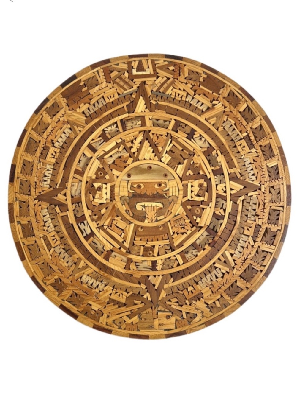 Vintage Mosaic Aztec Art Decor Calendar Tonatiuhs Face Hand Carved Exotic Woods‎ - Picture 9 of 9